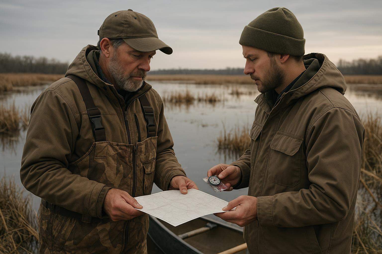 Guide and hunter reviewing weather and marsh conditions beside a Minnesota wetland at dawn, with decoys nearby and no visible logos or text